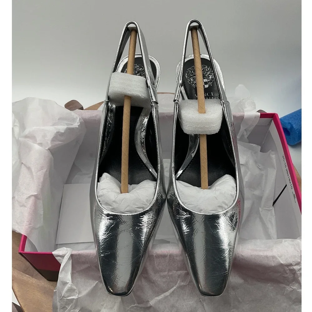 Vince Camuto Silver Metallic Slingback Pumps Square Toe Flared Heel New